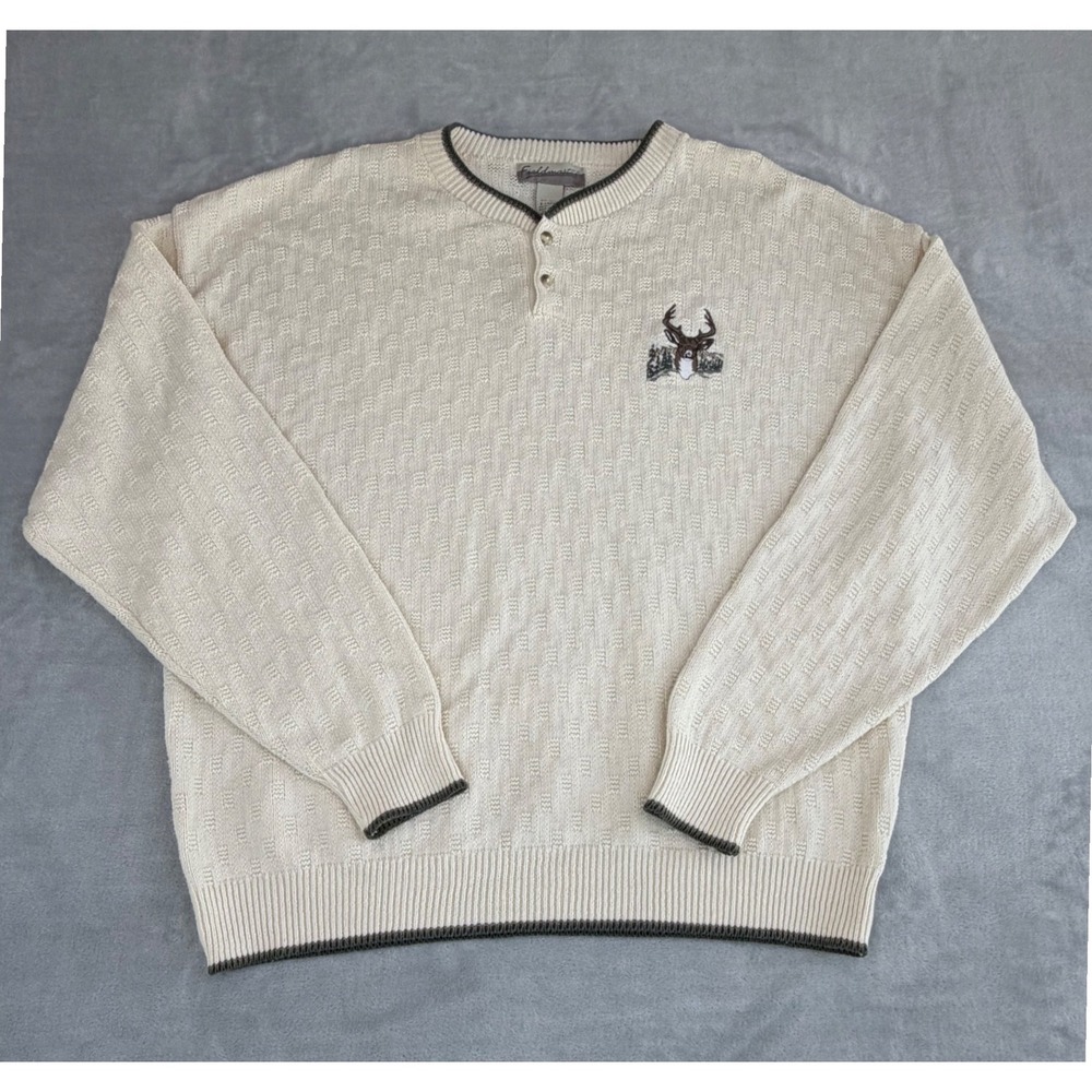 Vintage Fieldmaster Mens Henley Sweater Embroidered Deer Grandpa Core XL Cream